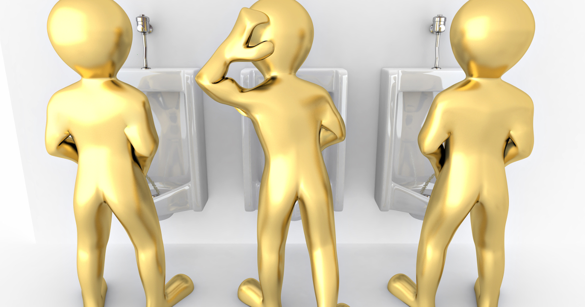 three men standing at urinals