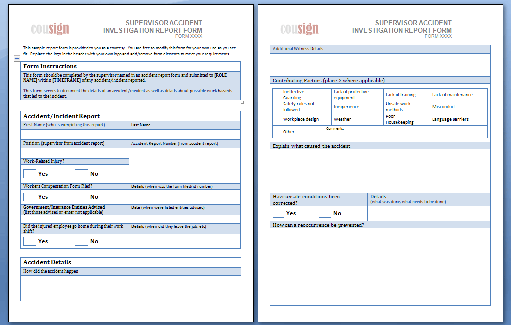 Supervisor Accident Investigation Report Form