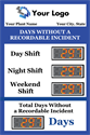 Day shift, Night shift, Weekend shift. Total days without a recordable incident
