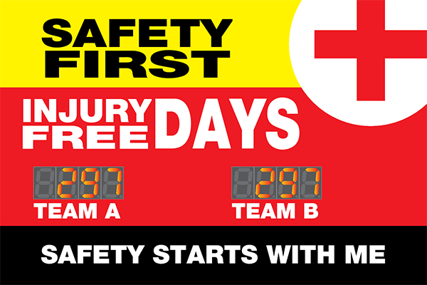 Safety first Injury Free Days. Team A. Team B. Safety Starts With Me.