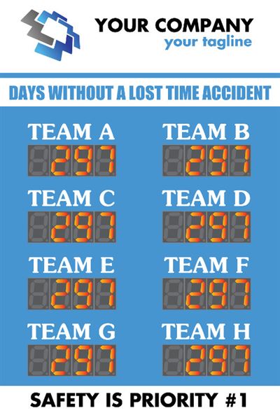 Days without a lost time accident. Counters for Team A to Team H